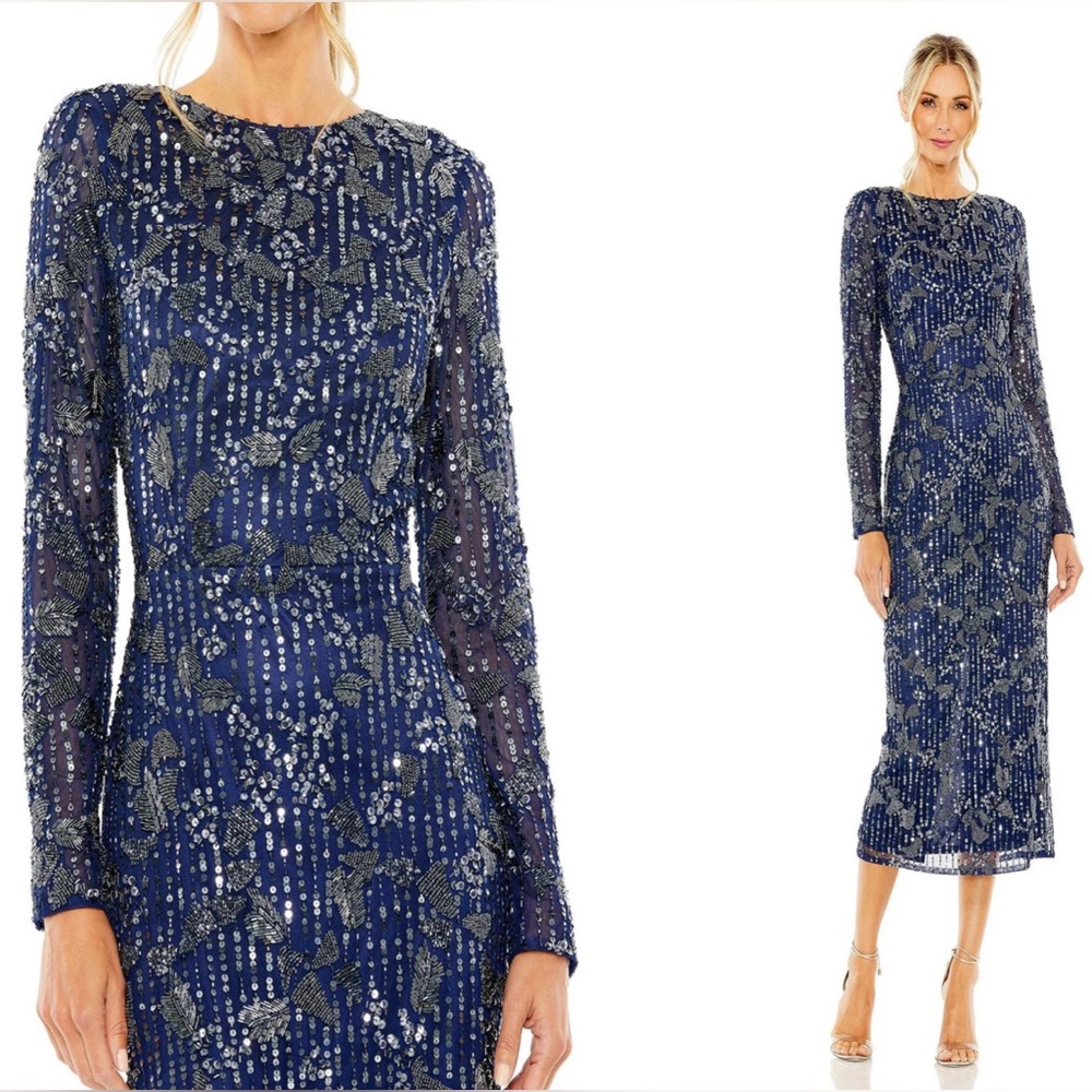 Mac Duggal Size 6 Navy Blue 5988 Sequin Beaded Long Sleeve Cocktail Midi Dress